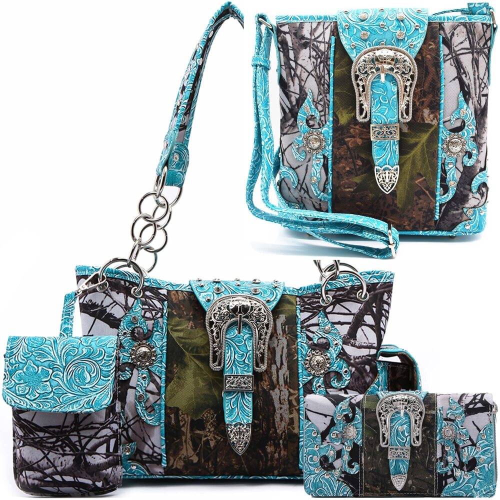 7892 Western Style Camouflage Purse Buckle Tooled Floral Conchos Country